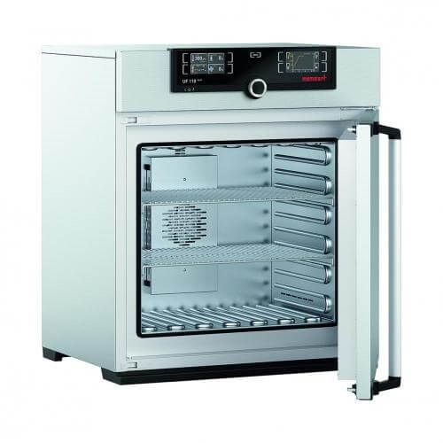 The universally applicable lab oven Memmert UF 110 plus with forced circulation by a fan and volume 108 l and setting temperature range +20 to +300 °C with setting accuracy temperature up to 99.9 °C: 0.1 / from 100 °C: 0.5